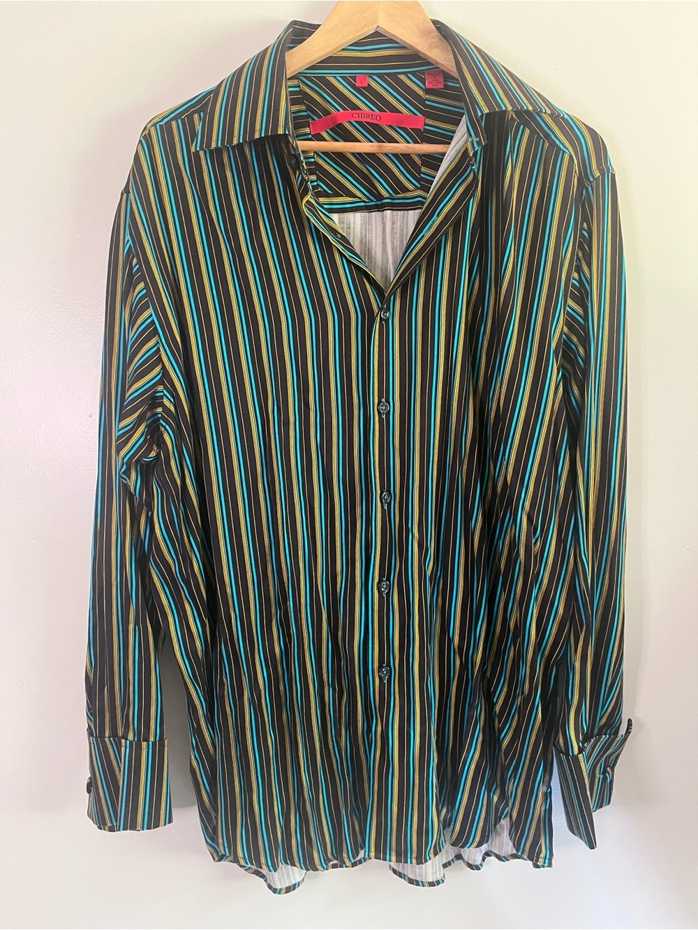 Cibreo Men's Black Multicolor Stripe Button-Up Shirt, 100% Silk